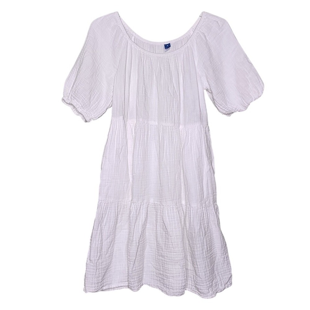 Old Navy Tiered Boho Dress White Gauzy Puff Sleeve Swing Cottage Babydoll M